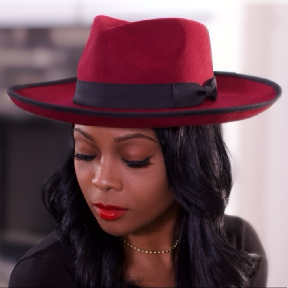 New 100% Wool Quality Unisex Wine color Pencil Roll Fedora Hat with woven ribbon - Picture 5 of 9